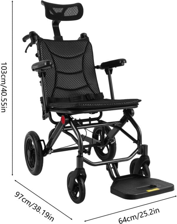 Lightweight Reclining Travel Wheelchair, Folding All Terrain Reclining Transport Wheelchair for Adults and Seniors, 18.11in Reclining Seat with Adjustable Backrest & Headrest, Support 286lbs - Image 9