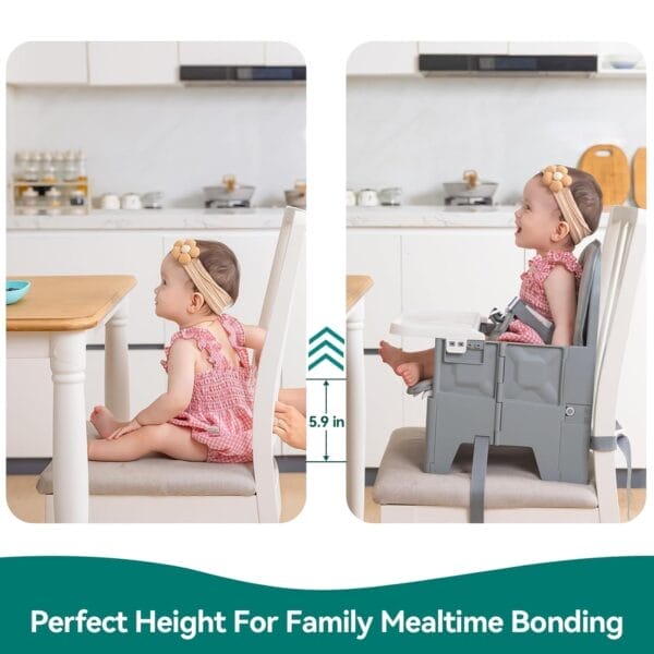 BABELIO Portable Booster Seat for Kitchen Chair with PU Waterproof Cushion, Compact Folding High Baby Chair for Travel with Feeding Tray, Great for Baby, Dining Table, Camping, Beach, Slate Grey - Image 5