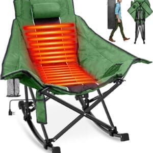 Suteck Heated Rocking Camping Chair, XL Oversized Rocking Chair Outdoor with 3 Heat Levels for Back and Seat, Heated Chairs Outdoor Sports for Patio Lawn Picnic Travel, Power Bank(Not Included)