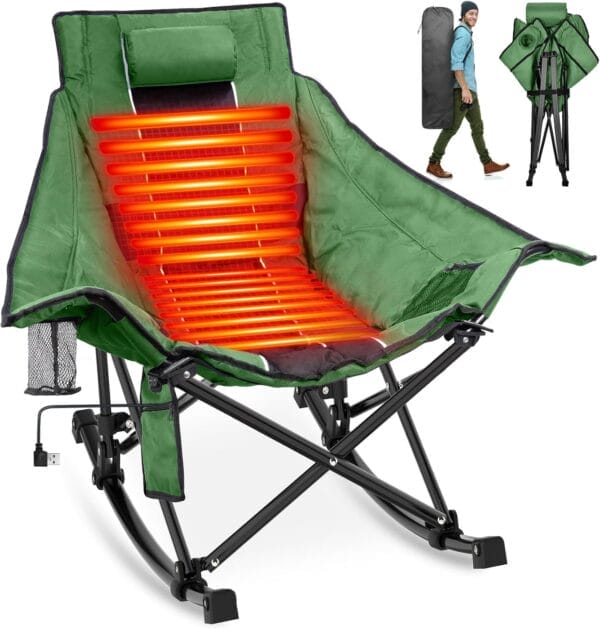 Suteck Heated Rocking Camping Chair, XL Oversized Rocking Chair Outdoor with 3 Heat Levels for Back and Seat, Heated Chairs Outdoor Sports for Patio Lawn Picnic Travel, Power Bank（Not Included）
