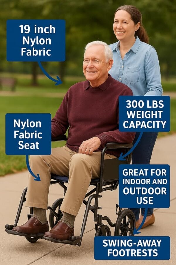 Black Hammertone Transport Chair, 19inch Seat, 300lbs Weight Capacity, Lightweight - Image 2
