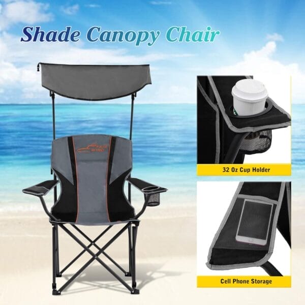 FAIR WIND Oversized Camping Lounge Chair with Adjustable Shade Canopy, Heavy Duty Quad Fold Chair Arm Chair - Support 350 LBS (Black Grey) - Image 7