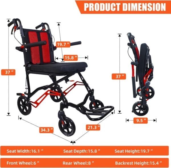 19LBS Lightweight Foldable Transport Wheelchair for Adults - Portable, Fold-Back Armrests, 8” Rear Wheels, Aluminum Frame, Ideal for Seniors & Travel - Image 2