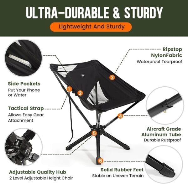 RiseLite Adjustable Portable Chair - Small Compact Folding Chair for Adults, Setup in 6 Seconds, Lightweight Outdoor Backpack Chairs for Camping, Travel, Hiking, Concert - Image 5