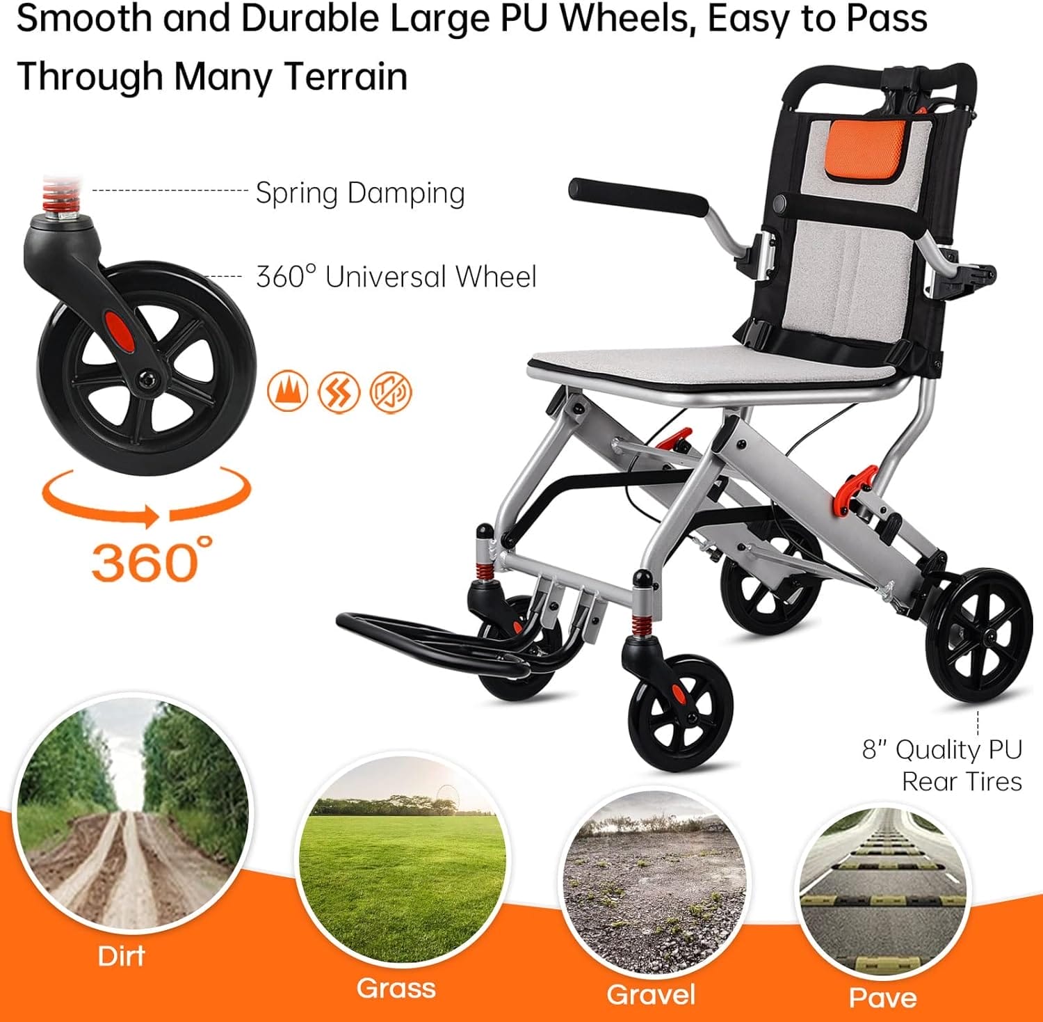 Ultra-Light Transport Wheelchair (only 15lb), Folding Portable Wheelchair with Hand Brake, Trolleys for Elderly Aircraft Travel, Wheelchairs for Adults (with Travel Bag) - Image 4