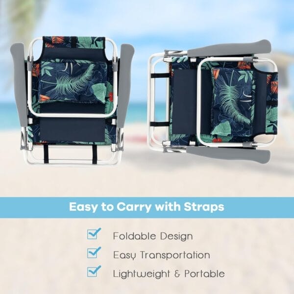 Goplus Beach Chair, Folding Backpack Beach Chairs for Adults with 5 Positions, Head Pillow, Cooler Bag, Towel Bar, Cup Holders, Sunbath Sling Tanning Lounge, Foldable Layout Camping Chairs - Image 8