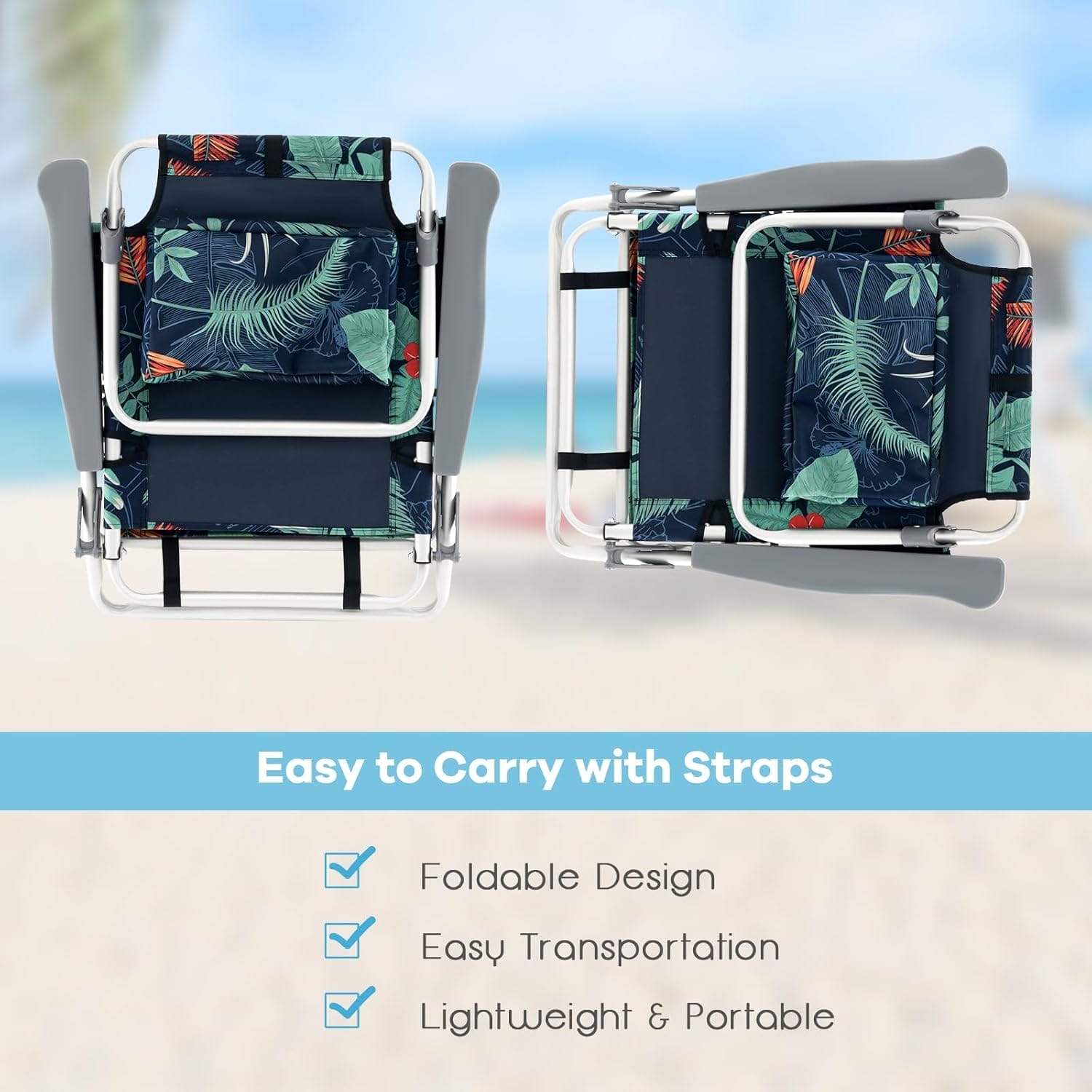 Goplus Beach Chair, Folding Backpack Beach Chairs for Adults with 5 Positions, Head Pillow, Cooler Bag, Towel Bar, Cup Holders, Sunbath Sling Tanning Lounge, Foldable Layout Camping Chairs - Image 8