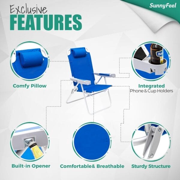 SUNNYFEEL Oversized Tall Folding Beach Chair Lightweight, 17" Portable Sand Chair for Adults Heavy Duty 500 LBS with Cup Holders, Foldable High Camping Lawn Chairs for Camp/Outdoor/Picnic/Sports - Image 6