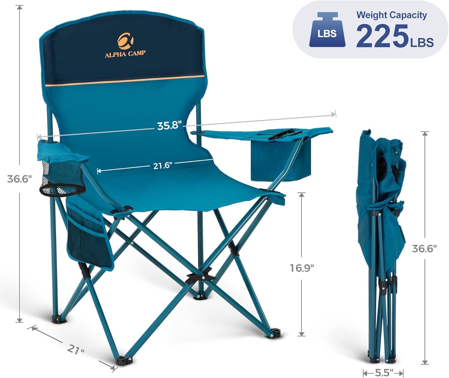 LET'S CAMP Camping Chair 2 Pack Folding Chair with 3-Can Cooler Bag Portable Lawn Chair with Cup Holder,Storage Pocket, Supports 225LBS, Collapsible Chair for Camp, Beach, Picnic (Blue) - Image 3