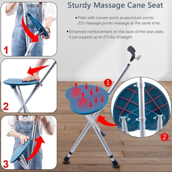 Walking cane with seat cane chair foldable walking stick with seat, adjustable cane stool for seniors elderly, lightweight aluminum, easy carry (blue) - image 6