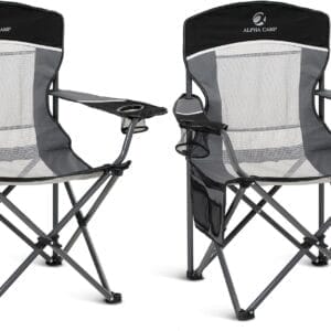 ALPHA CAMP 2PC Oversized Mesh Back Camping Folding Chair Heavy Duty Support 350 LBS Collapsible Steel Frame Quad Chair Padded Arm Chair with Cup Holder Portable for Outdoor (Black-2PC)