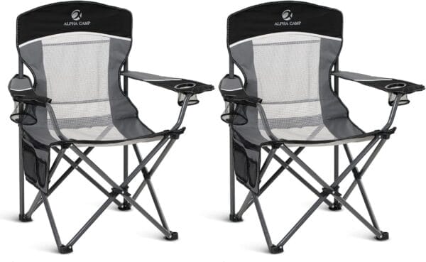 ALPHA CAMP 2PC Oversized Mesh Back Camping Folding Chair Heavy Duty Support 350 LBS Collapsible Steel Frame Quad Chair Padded Arm Chair with Cup Holder Portable for Outdoor (Black-2PC)