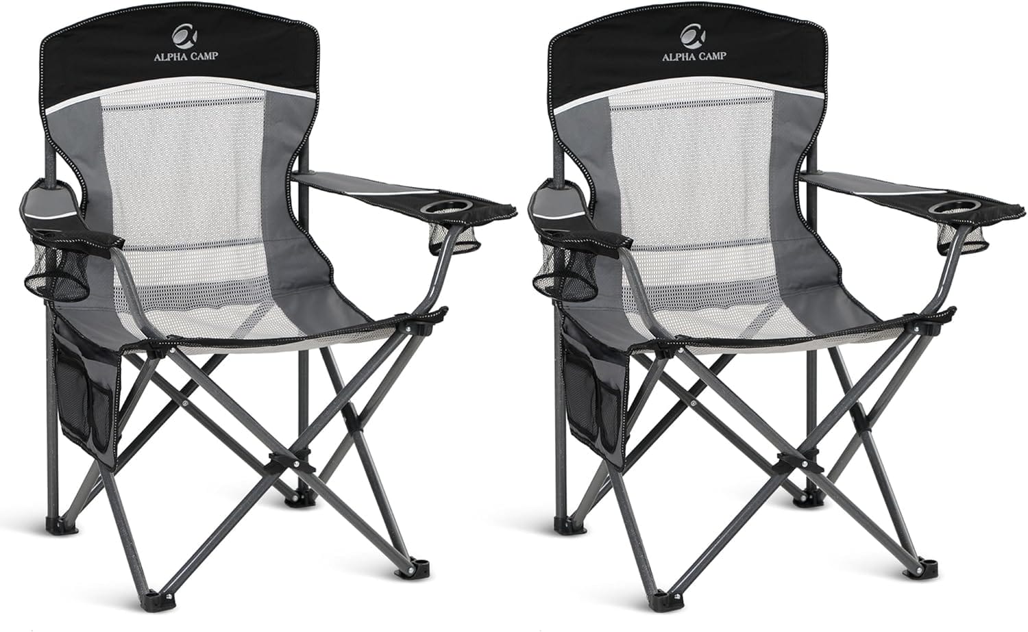 ALPHA CAMP 2PC Oversized Mesh Back Camping Folding Chair Heavy Duty Support 350 LBS Collapsible Steel Frame Quad Chair Padded Arm Chair with Cup Holder Portable for Outdoor (Black-2PC)