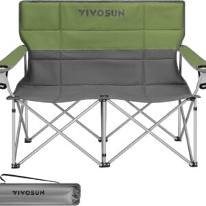 VIVOSUN Double Camping Chair, Fully Padded Folding Loveseat, Portable Oversized Duo Chair with Storage Cup Holders, Height-Adjustable Armrests & Carry Bag, Supports up to 500lbs, Green & Grey