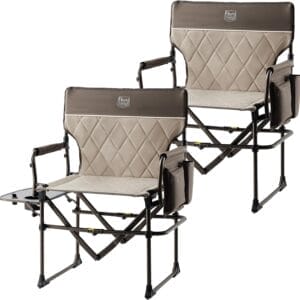 TIMBER RIDGE Heavy Duty Camping Chair with Compact Size, Portable Directors Chair with Side Table and Pocket for Camping, Lawn, Sports and Fishing, Supports Up to 400lbs, Tan 2 Pack