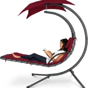 Best Choice Products Outdoor Hanging Curved Steel Chaise Lounge Chair Swing w/Built-in Pillow and Removable Canopy - Burgundy
