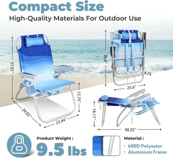 Tall Beach Chairs for Adults – 5-Position Reclining Backpack Chair with Large Insulated Cooler & Storage Pocket, Aluminum Frame, Portable for Travel & Outdoor, Supports 300lbs, Wave Blue - Image 2