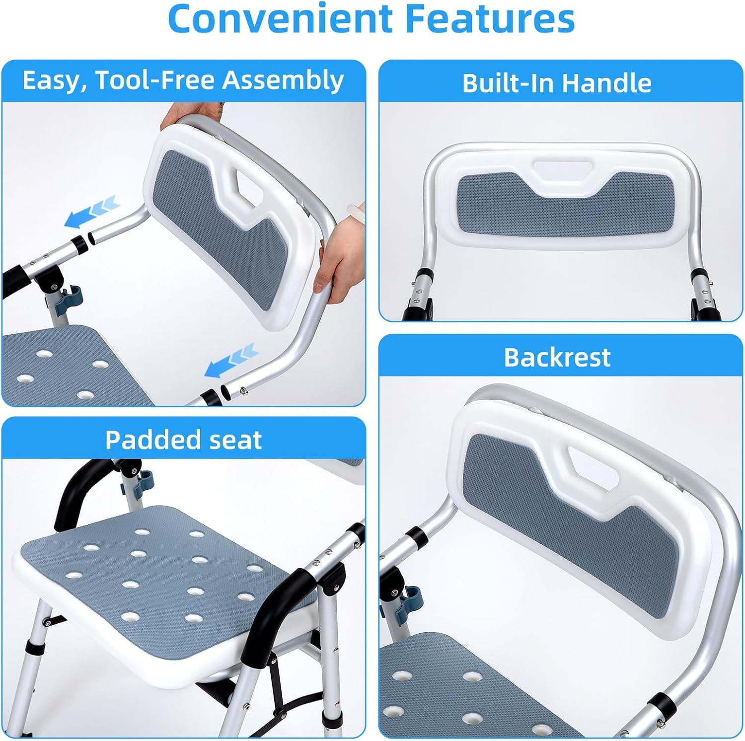 Shower Chair for Inside Shower,Foldable Shower Chair for Elderly and Disabled, Adjustable Height Chairs with Padded Arms and Back for Bathroom,Compact and Comfortable,350 lbs Capacity (Regular) - Image 5