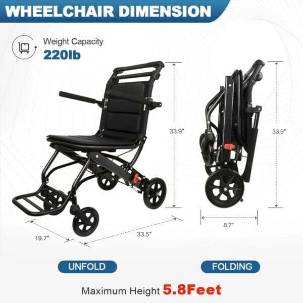 World's Lightest (Only 15lbs) Transport Wheelchairs with Telescopic Handle, Folding Transport Wheelchairs for Adults and Seniors Support 220lbs - Image 3