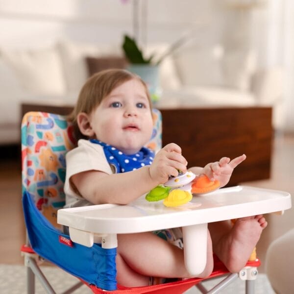 Nuby Easy Go Pop-Up Booster Seat with Removable Tray - 6+ Months - Portable Booster Seat for Floor for Indoor/Outdoor Use - 3-Point Safety Adjustable Straps - Includes Travel Bag - Stripes - Image 9