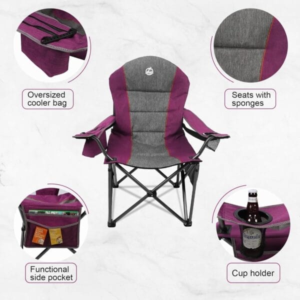 Oversized Portable Camping Chair, Full Padded Outdoor Folding Chair Support 350 LBS, Heavy Duty Lawn Chair with Cup Holder, Cooler Bag, Lumbar Support, Head Pocket for Adult (Purple) - Image 4