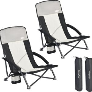 SUNNYFEEL Folding Low Camping Beach Chair 2 Pack, Lightweight Portable Lawn Chair with Mesh Back, Cup Holder for Outdoor/Travel/Picnic/Concert, Foldable Camp Backpack Chair with Carry Bag
