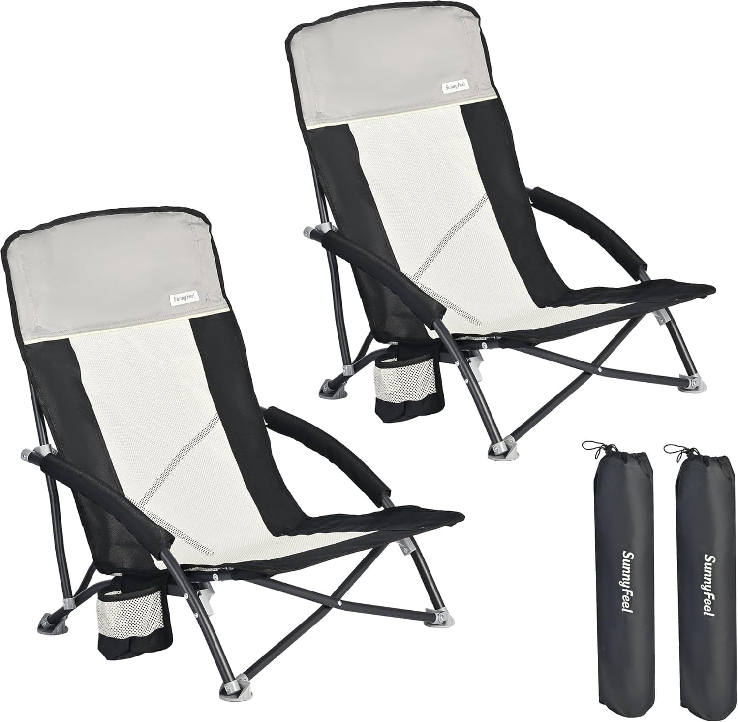 SUNNYFEEL Folding Low Camping Beach Chair 2 Pack, Lightweight Portable Lawn Chair with Mesh Back, Cup Holder for Outdoor/Travel/Picnic/Concert, Foldable Camp Backpack Chair with Carry Bag