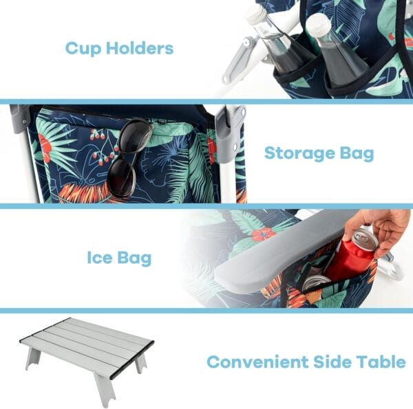 Goplus Beach Chair, Folding Backpack Beach Chairs for Adults with 5 Positions, Head Pillow, Cooler Bag, Towel Bar, Cup Holders, Sunbath Sling Tanning Lounge, Foldable Layout Camping Chairs - Image 6