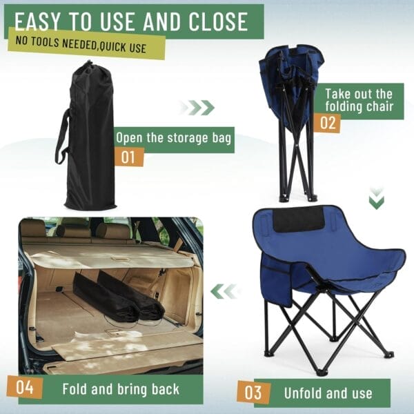 2 Pack Compact Camping Chairs Portable Folding for Outside with Carry Bag Lightweight Moon Chairs for Travel Picnic Hiking Beach Fishing, 600D Oxford, Supports 330lbs(Blue) - Image 5