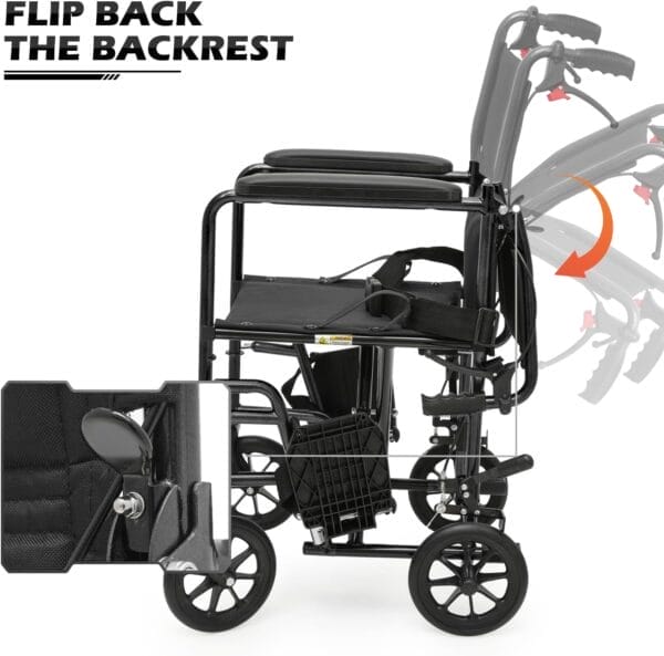 monicare Wheelchairs for Adults 16 inch Seat Folding Compact Transport Chair with Loop-Lock Handbrakes and Back Folds Down Foldable Lightweight Wheel Chair for Storage, 250 lbs Capacity, Black - Image 9