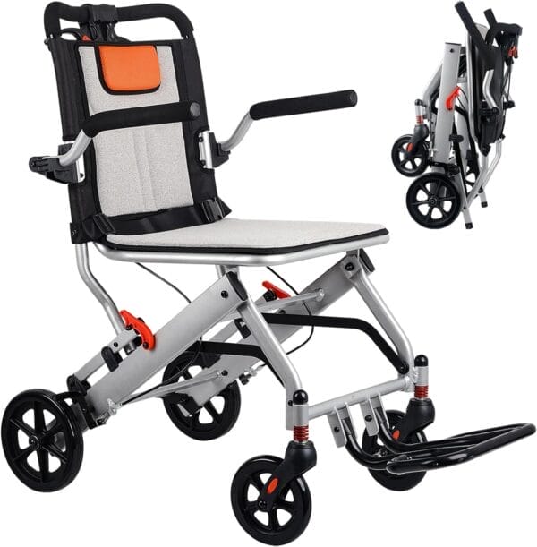 Ultra-Light Transport Wheelchair (only 15lb), Folding Portable Wheelchair with Hand Brake, Trolleys for Elderly Aircraft Travel, Wheelchairs for Adults (with Travel Bag)