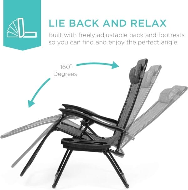 Best Choice Products Set of 2 Adjustable Steel Mesh Zero Gravity Lounge Chair Recliners w/Pillows and Cup Holder Trays - Gray - Image 3