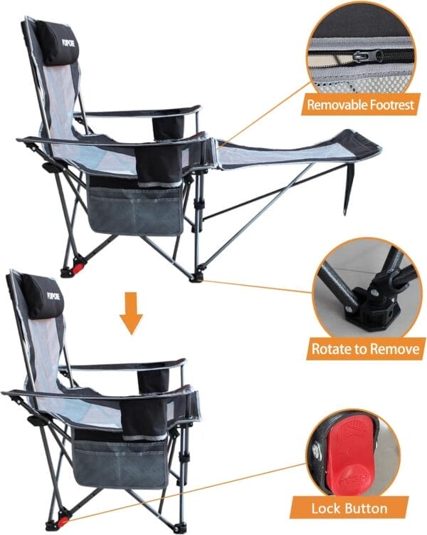 Reclining Camping Chair with Removable Footrest Lounge Chair with Headrest, Cotton Cushion, Portable Adjustable Folding Chairs for Adults Black - Image 7