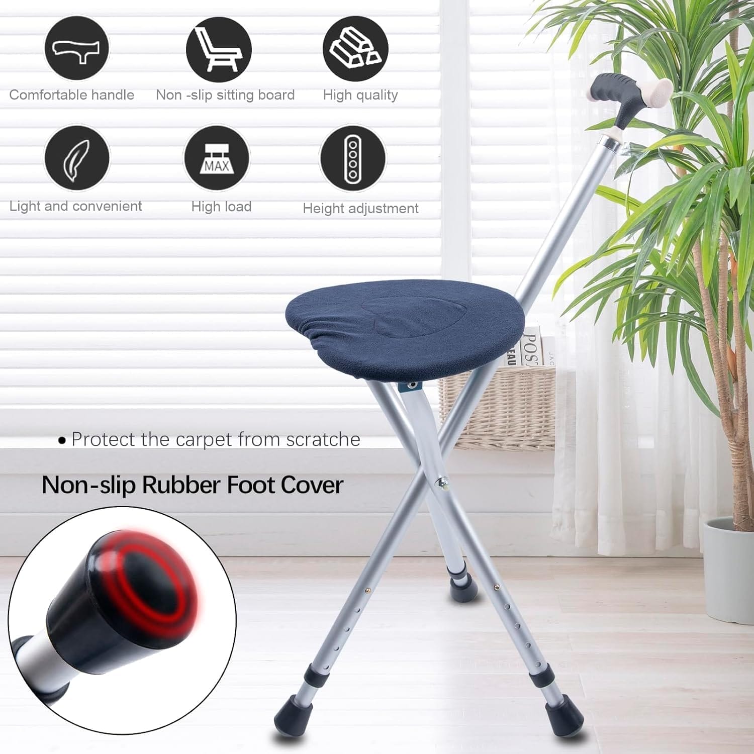 Walking Cane with Seat Cane Chair Foldable Walking Stick with Seat, Adjustable Cane Stool for Seniors Elderly, Lightweight Aluminum, Easy Carry (Blue) - Image 5