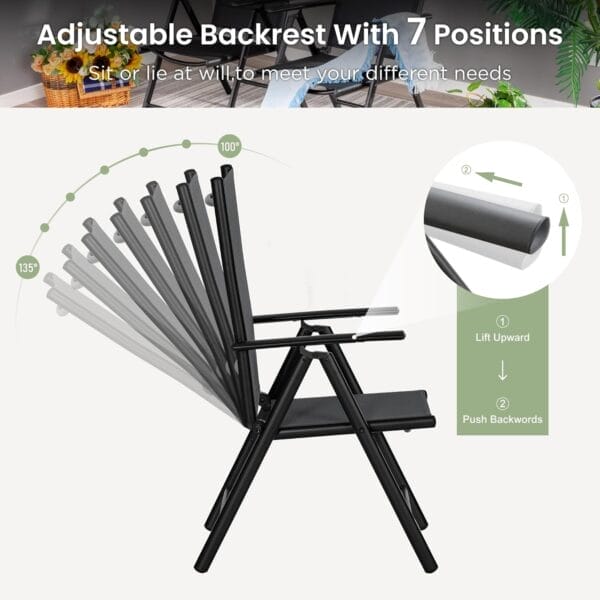 PHI VILLA Outdoor Patio Folding Chairs Set of 2, Portable Patio Dining Chairs with Adjustable Backrest for Outside, Garden, Lawn & Yard, No Assembly, Black - Image 4