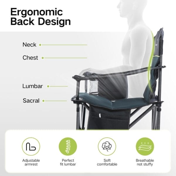 GREEN PARTY Folding Camping Chair Oversized Heavy Duty Lawn Chair with Cooler Bag, Cup Holder, Storage Pocket, Collapsible Padded Outdoor Arm Chair, Quad Lumbar - Image 9