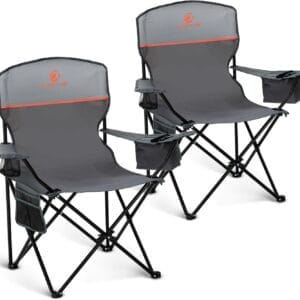 LET'S CAMP Camping Chair 2 Pack Folding Chair with 3-Can Cooler Bag Portable Lawn Chair with Cup Holder,Storage Pocket, Supports 225LBS, Collapsible Chair for Camp, Beach, Picnic (Grey)