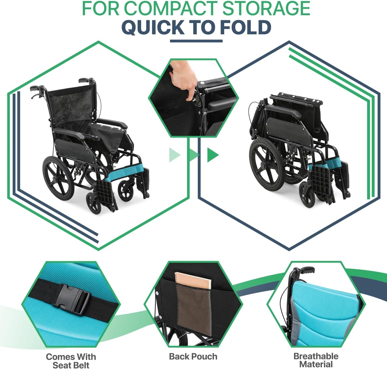 Magshion Foldable Transport Wheelchair for Adults 250 Lbs, Lightweight Transport Chair for Seniors, Portable Wheel Chair with Removable Cushion, Push-to-Lock & Hand Brakes, 17.5" Seat (Black Frame) - Image 9