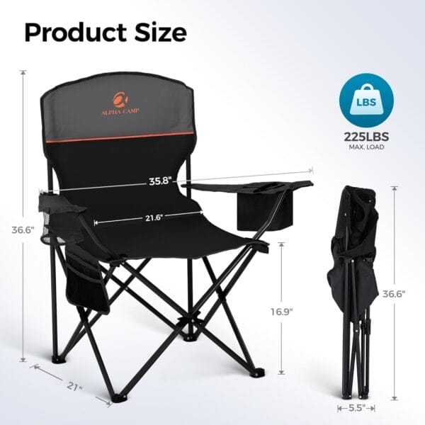 ALPHA CAMP Camping Chair 2 Pack Portable Chair with 3-Can Cooler Folding Chair with Side Pocket and Cup Holder, Collapsible for Camping, Tailgates, Beach, Fishing and Sports,2PC - Image 3