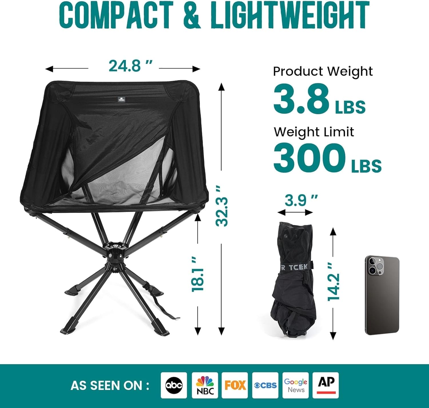 Swivel Portable Chair - Small Compact Collapsible Folding Chairs for Adults, Setup in 8 Seconds, Lightweight Outdoor Backpack Chair for Camping, Travel, Hiking, Beach, Support 300 LBS - Image 2