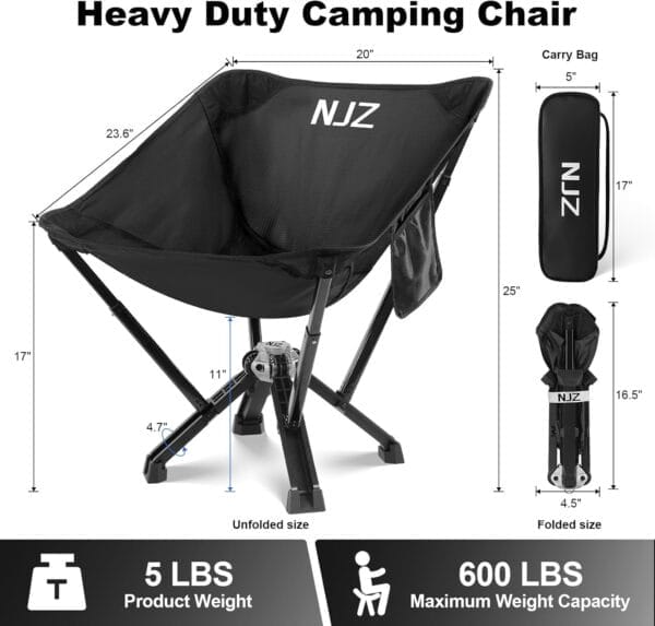 Folding Camping Chairs for Adults - 600 LBS Capacity Sturdy Camping Folding Chair, Portable Chair with Quick Setup & Carry Bag - Compact Camp Chair for Outdoor Adventures - Black - Image 3