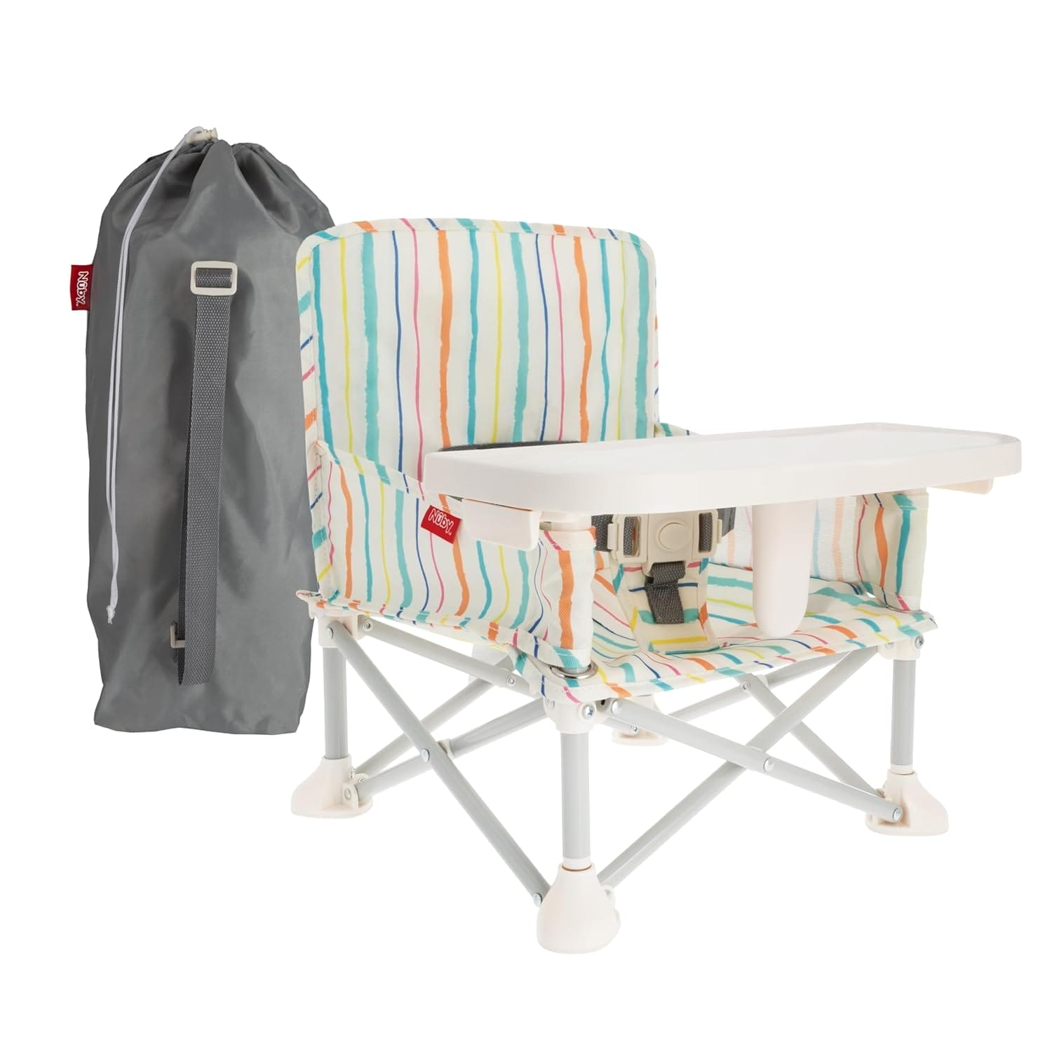 Nuby Easy Go Pop-Up Booster Seat with Removable Tray - 6+ Months - Portable Booster Seat for Floor for Indoor/Outdoor Use - 3-Point Safety Adjustable Straps - Includes Travel Bag - Stripes