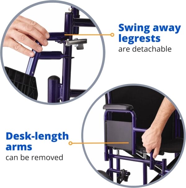 Medline Heavy Duty Transport Chair supports up to 500 lbs., Bariatric Transport Wheelchair, 22" x 18" seat, Blue Frame - Image 5