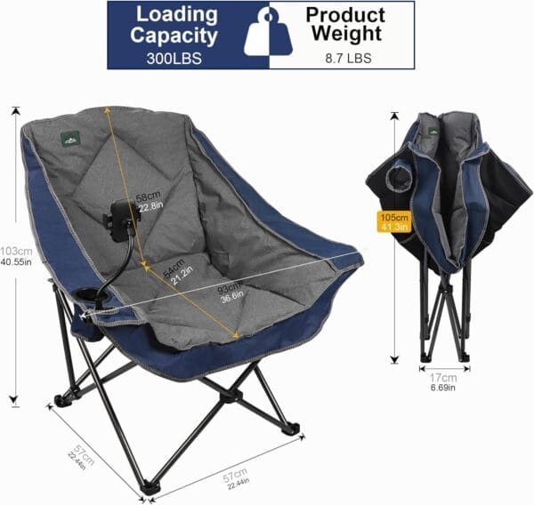 Oversized Foldable Camping Chair with Cell Phone Holder,Outdoor Padded Lawn Chair w/Cup Holder,Carry Bag for Beach, Hiking, and Picnics,Heavy-Duty 300-lbs Capacity, Blue - Image 3