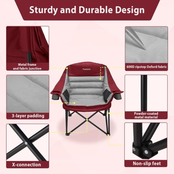 Oversized Camping Chair, Portable Folding Camping Chairs with Side Pocket, Cup Holder and Carry Bag, Heavy Duty Outdoor Camping Chairs for Adults, Fishing, Sports, Trip, up to 400lbs, Style 3 - Image 4