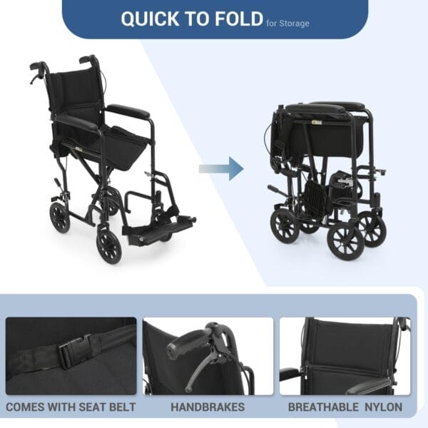 monicare Wheelchairs for Adults 16 inch Seat Folding Compact Transport Chair with Loop-Lock Handbrakes and Back Folds Down Foldable Lightweight Wheel Chair for Storage, 250 lbs Capacity, Black - Image 8