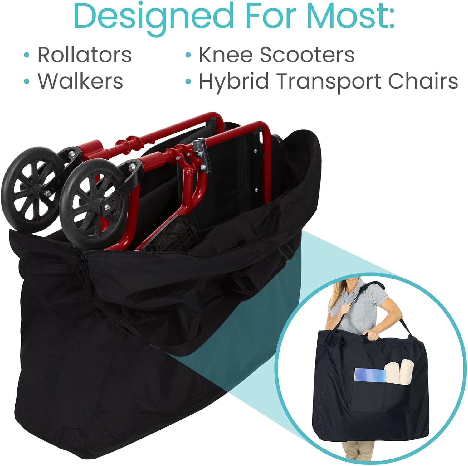 Vive XL Carry & Travel Bag for Rollator Walkers & Transport Chairs - Cover Carrier Accessory for Car Travel, Storage, Seniors - Accessories - Waterproof with Padded Straps - Image 4