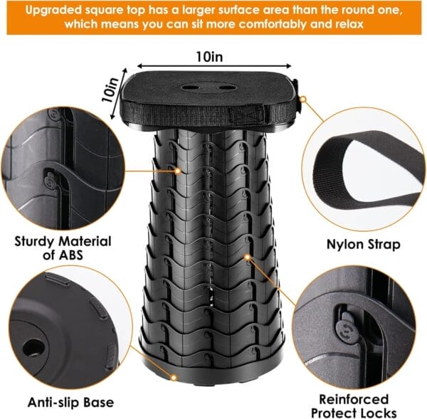 Folding Camping Stool - Square Collapsible Portable Seat with Elastic Cushion & Adjustable Nylon Bag, Sturdy Lightweight Telescoping Design, Max Load 485lb - Image 4