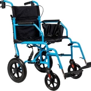 Platinum Health Hummingbird™ Ultra-Lightweight Foldable Transport Wheelchair, Handbrakes,12-Inch Rear Wheels, Extra-Wide Seat. Convenient Table-Length Padded Armrests. (Sky Blue)