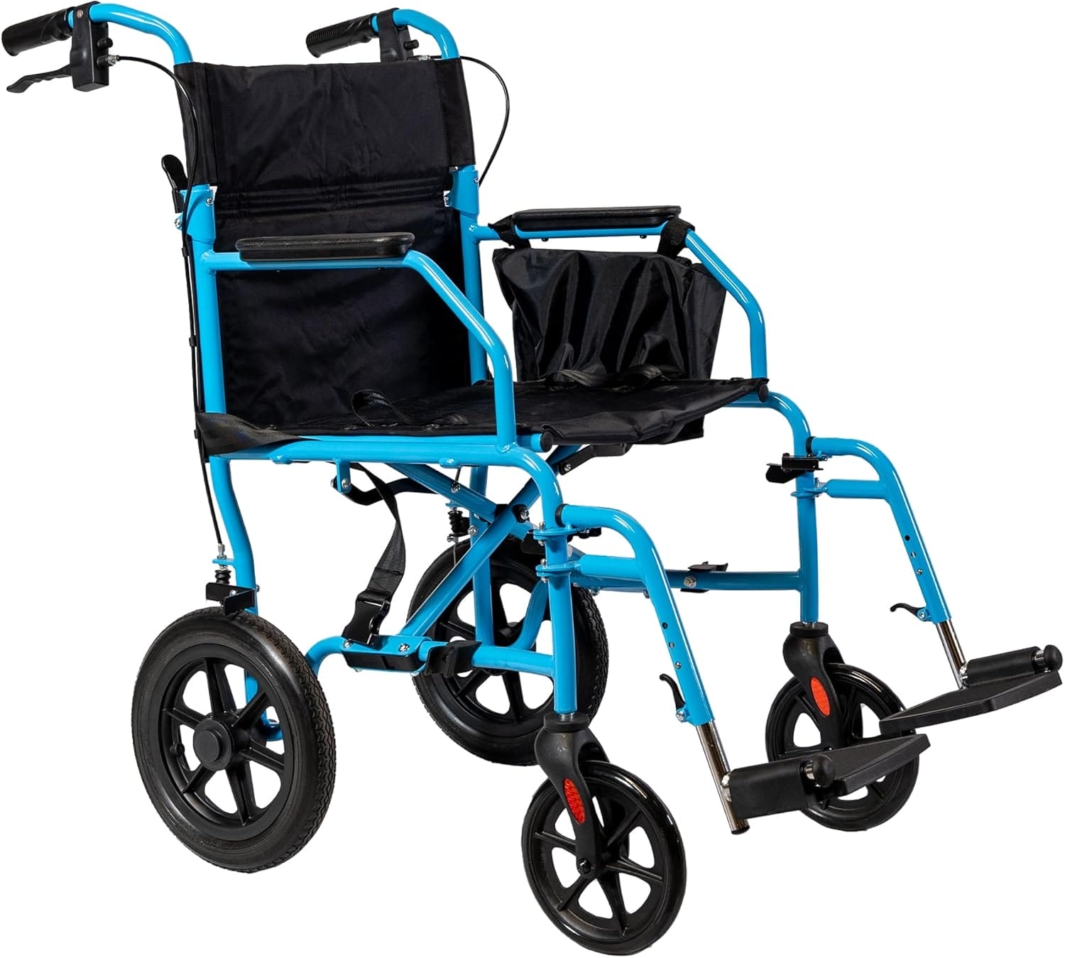 Platinum Health Hummingbird™ Ultra-Lightweight Foldable Transport Wheelchair, Handbrakes,12-Inch Rear Wheels, Extra-Wide Seat. Convenient Table-Length Padded Armrests. (Sky Blue)